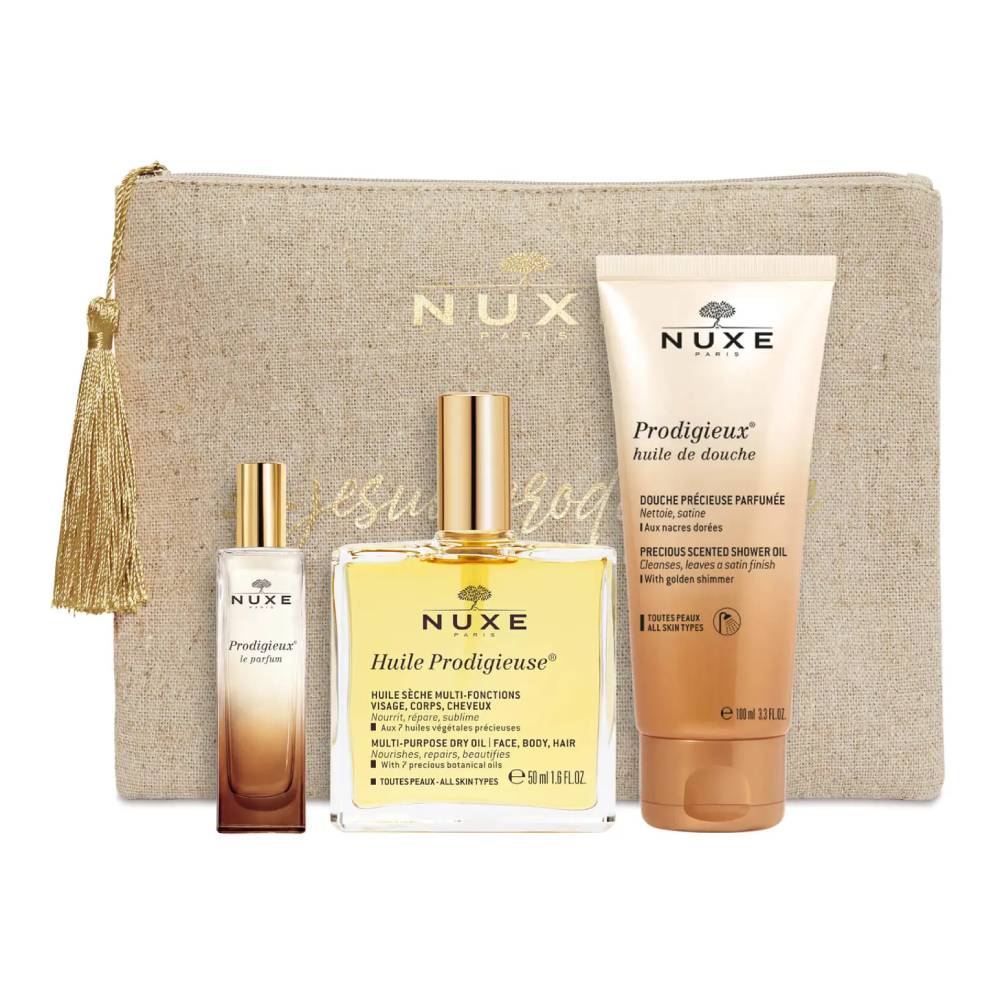 Opakowanie produktu Nuxe Prodigieux Zestaw z kosmetyczką, perfumy+ suchy olejek+ olejek pod prysznic