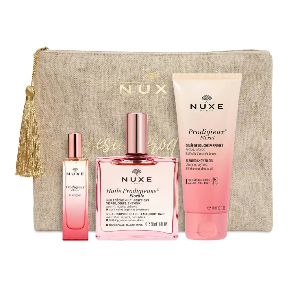 Opakowanie produktu Nuxe Prodigieux Floral Zestaw z kosmetyczką, Perfumy+ Suchy olejek+ Olejek pod prysznic