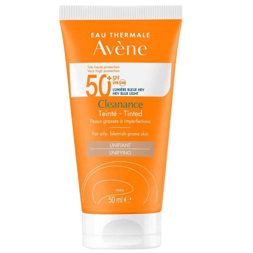 Opakowanie produktu Avene Bardzo wysoka ochrona przeciwsłoneczna SPF50+ Cleanance koloryzujący