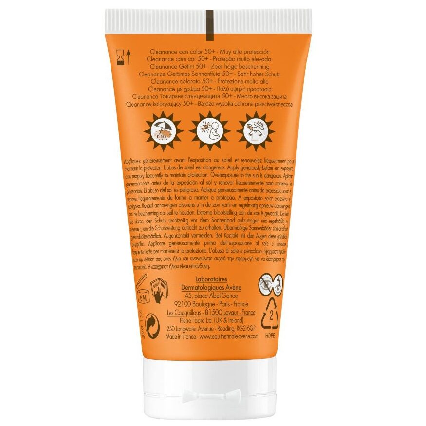 Tył opakowania produktu Avene Bardzo wysoka ochrona przeciwsłoneczna SPF50+ Cleanance koloryzujący