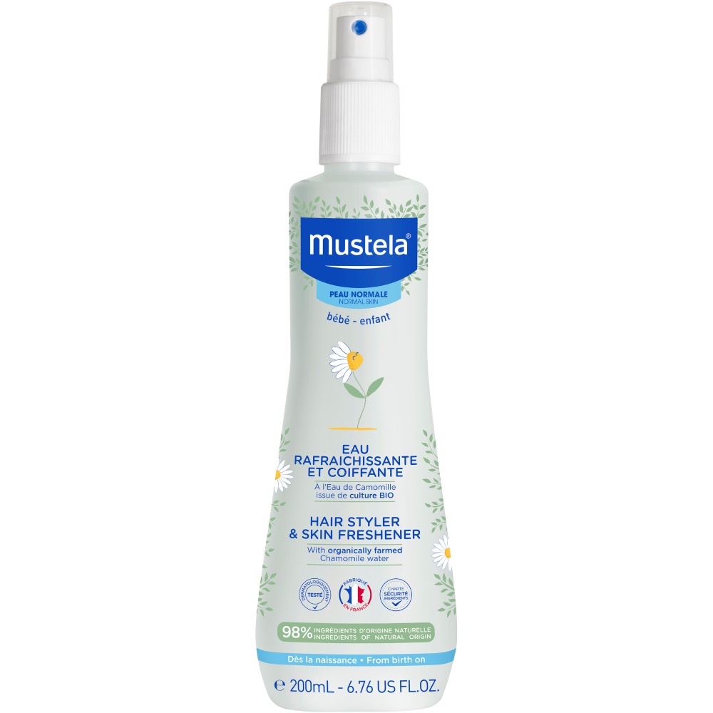 Opakowanie produktu Mustela skóra normalna odświeżający spray ułatwiający rozczesywanie włosów