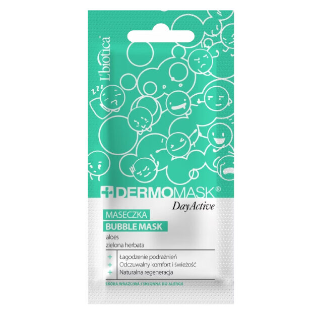 Opakowanie produktu L’Biotica Dermomask Maseczka bąbelkowa Bubble mask aloes zielona herbata